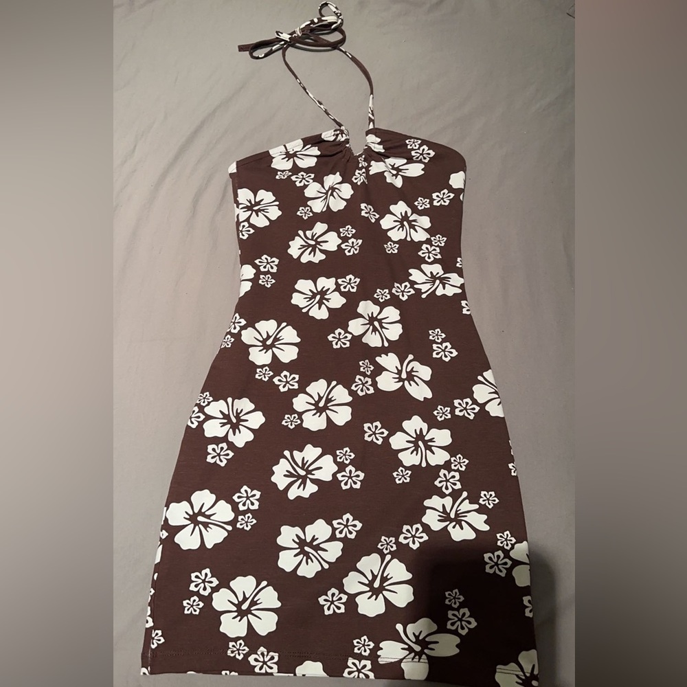 Brown and light blue tropical flower mini dress